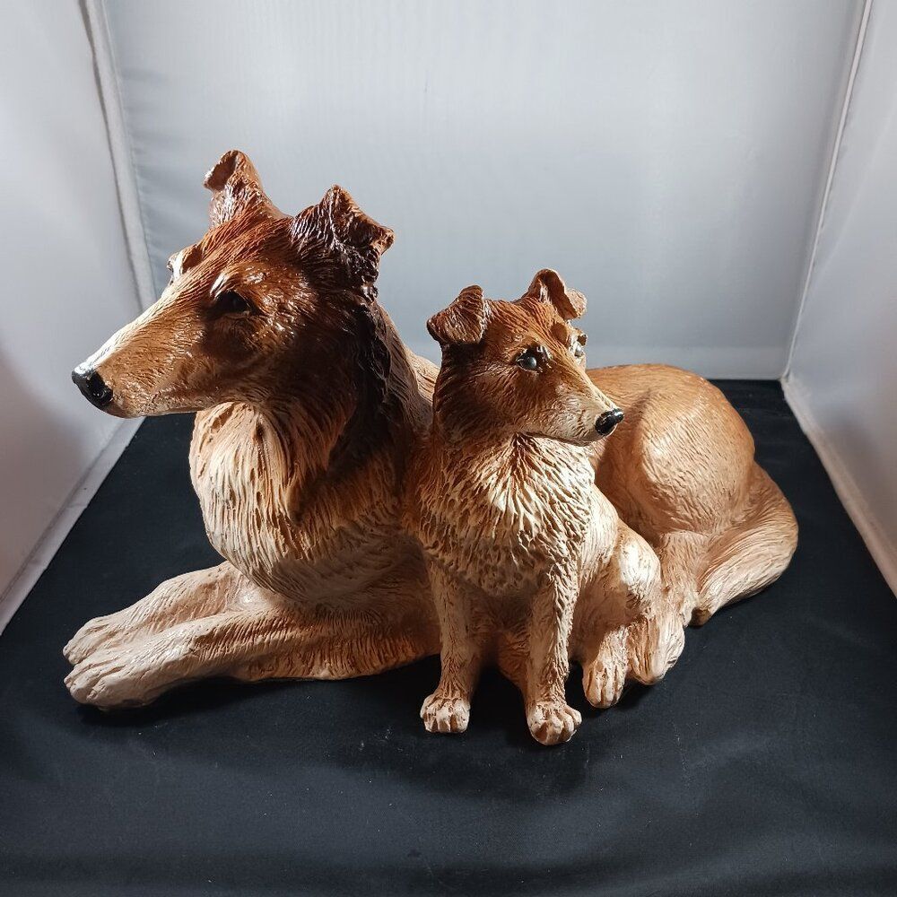Vintage Large Homco Resin Rough Collie Mom and Baby Figurine